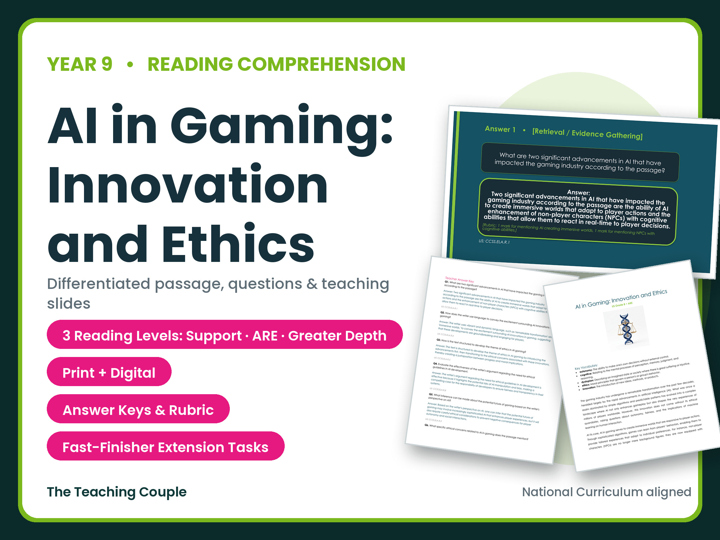 AI in Gaming: Innovation and Ethics Reading Comprehension | Year 9 (KS3)