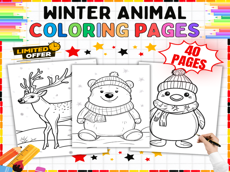 Winter Animal Colouring Pages | 40 Seasonal Worksheets | Polar Bear Penguin Art Activities Pack