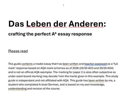 AQA A-Level German model essay + Das Leben Der Anderen (The Lives of Others) essay study guide
