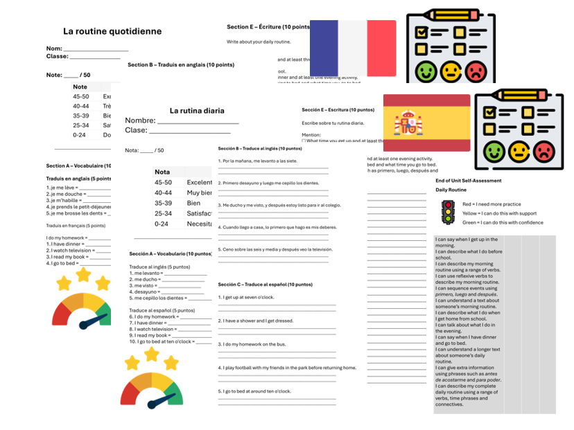 Daily Routine (French & Spanish) – Assessment, Mark Scheme & Self Assessment
