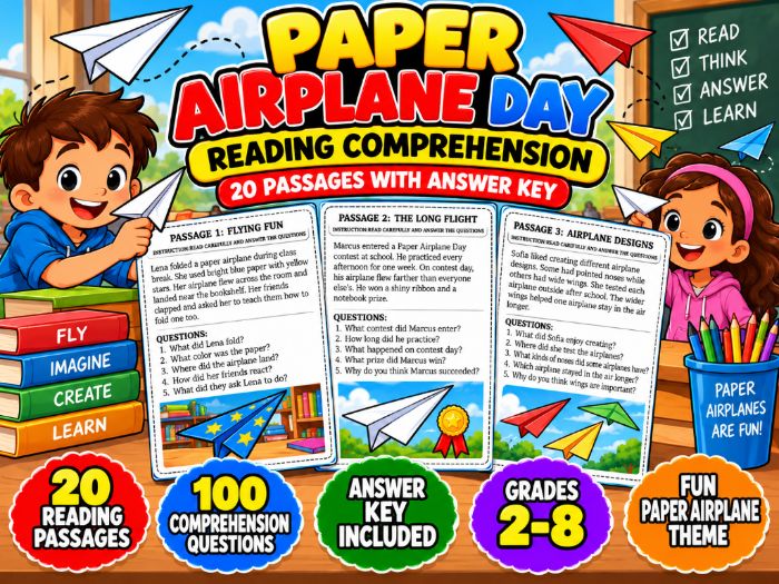 Paper Airplane Day Reading Comprehension | 20 Passages with Answer Key