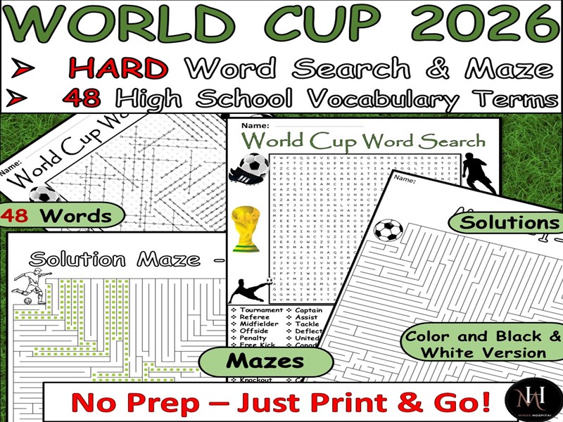 World Cup 2026: Hard Word Search & Maze Puzzle | 48 High School Vocabulary Terms