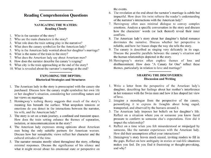A Canary for One by Ernest Hemingway with Reading Comprehension Questions