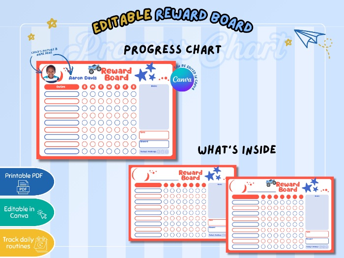 Editable Reward Board Red And Blue Reward Chart Chore Tracker Daily Duties Chart