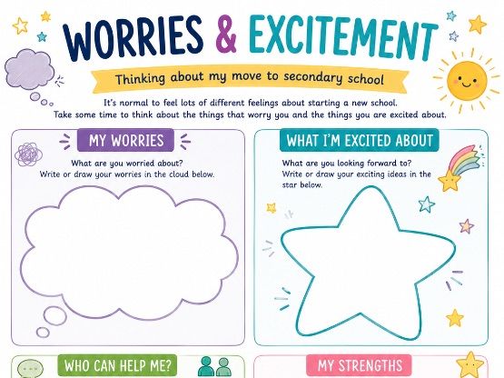 Year 6 to Year 7 Transition | Worries & Excitement Reflection Worksheet | Secondary School
