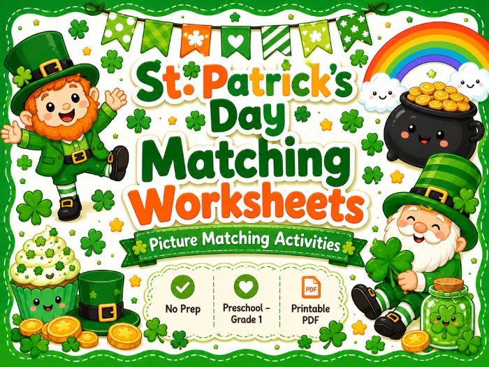 St. Patrick’s Day Matching Worksheets | Picture, Letters, Numbers, Shapes & Colors | Preschool–1