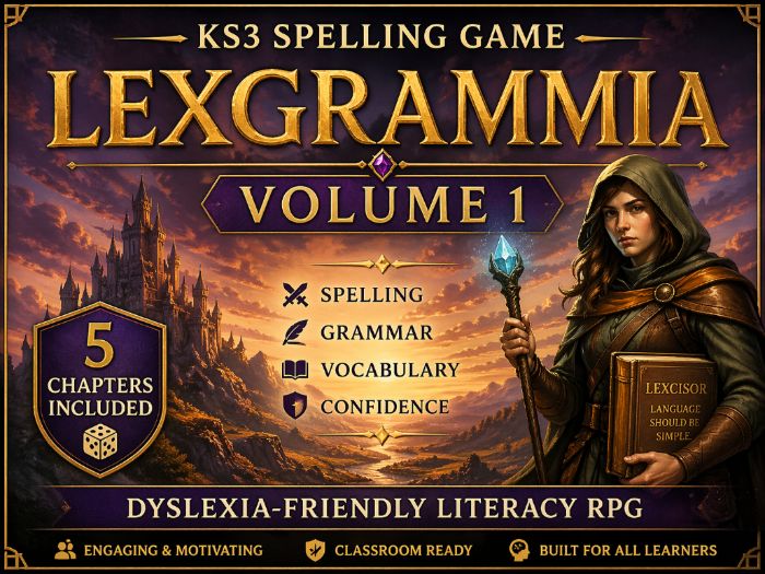 Lexgrammia – Volume 1 KS3 Spelling Game (Key Stage 3) | Dyslexia-Friendly Literacy RPG