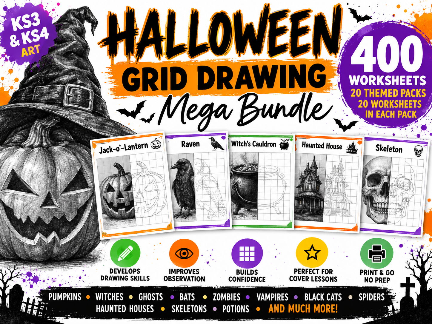 Halloween Grid Drawing Mega Bundle | 400 Art Worksheets | 20 Themed Packs | KS3 & KS4