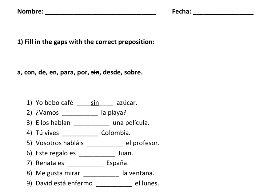 Spanish Prepositions Worksheet | Las preposiciones