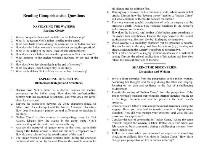 Indian Camp by Ernest Hemingway with Reading Comprehension Questions