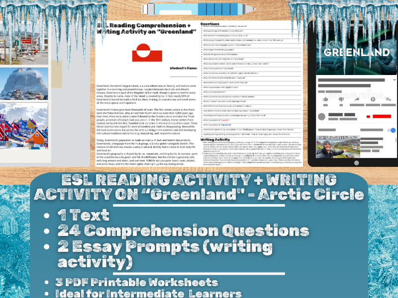 ESL Reading Comprehension + Writing Activity Worksheets - Greenland - Arctic Circle