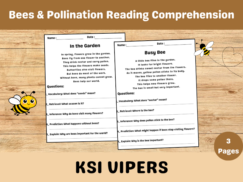 Bees & Pollination Reading Comprehension | VIPERS Practice | KS1 | Includes Answers