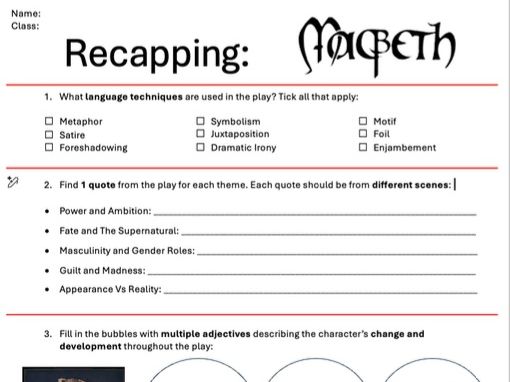Macbeth Revision Printout - Double Sided (with example answers for teachers)