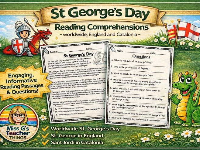 St George's Day reading comprehensions - Worldwide, in England and in Catalonia