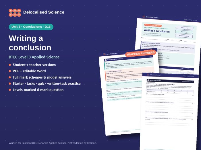 BTEC Applied Science Unit 3: Writing a conclusion (D16) - worksheet + answers