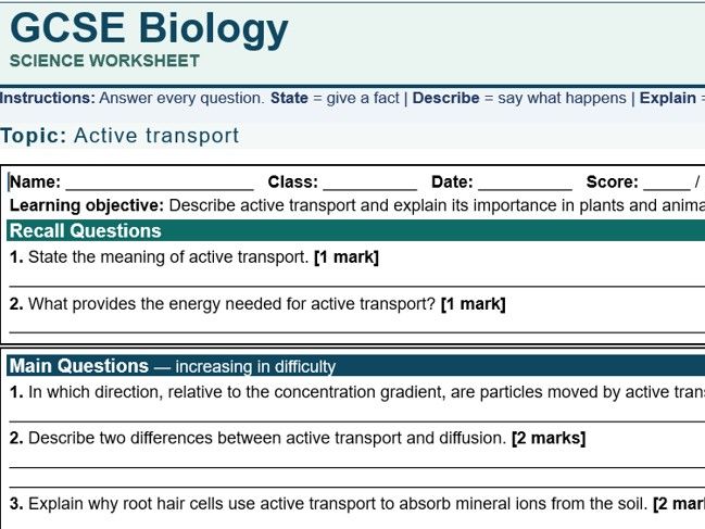 Active Transport Worksheet | AQA GCSE Biology | Questions, Answers & Self-Assessment