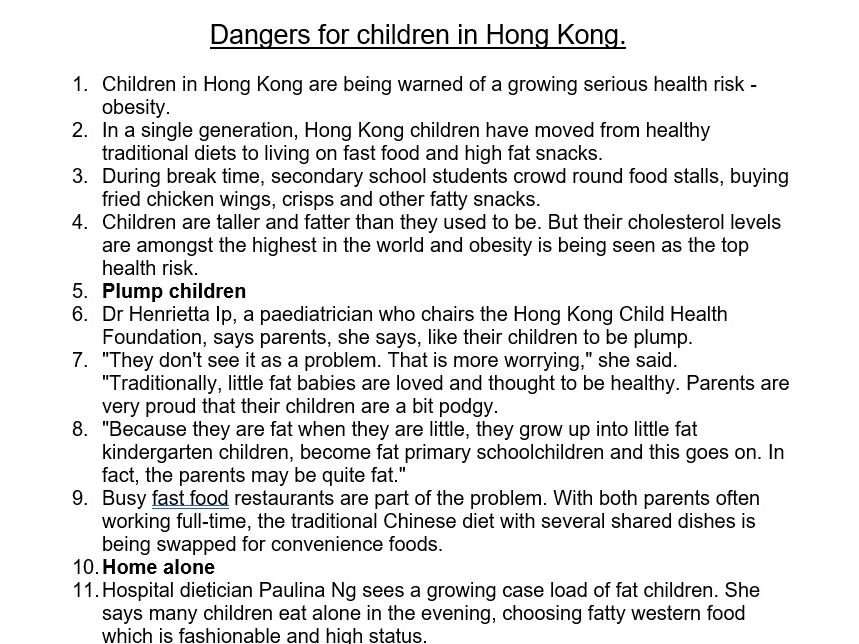 Reading Practice and comprehension on problem of childhood obesity in Hong Kong