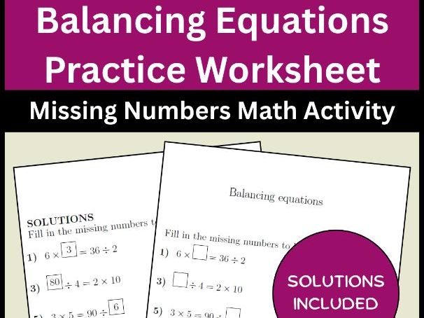 Balancing Equations Practice Worksheet | Missing Numbers Math Activity