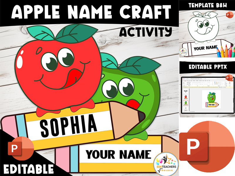 Editable Apple Name Craft Activity鈥揃ack to School Name Tags(Color-B&W Version)
