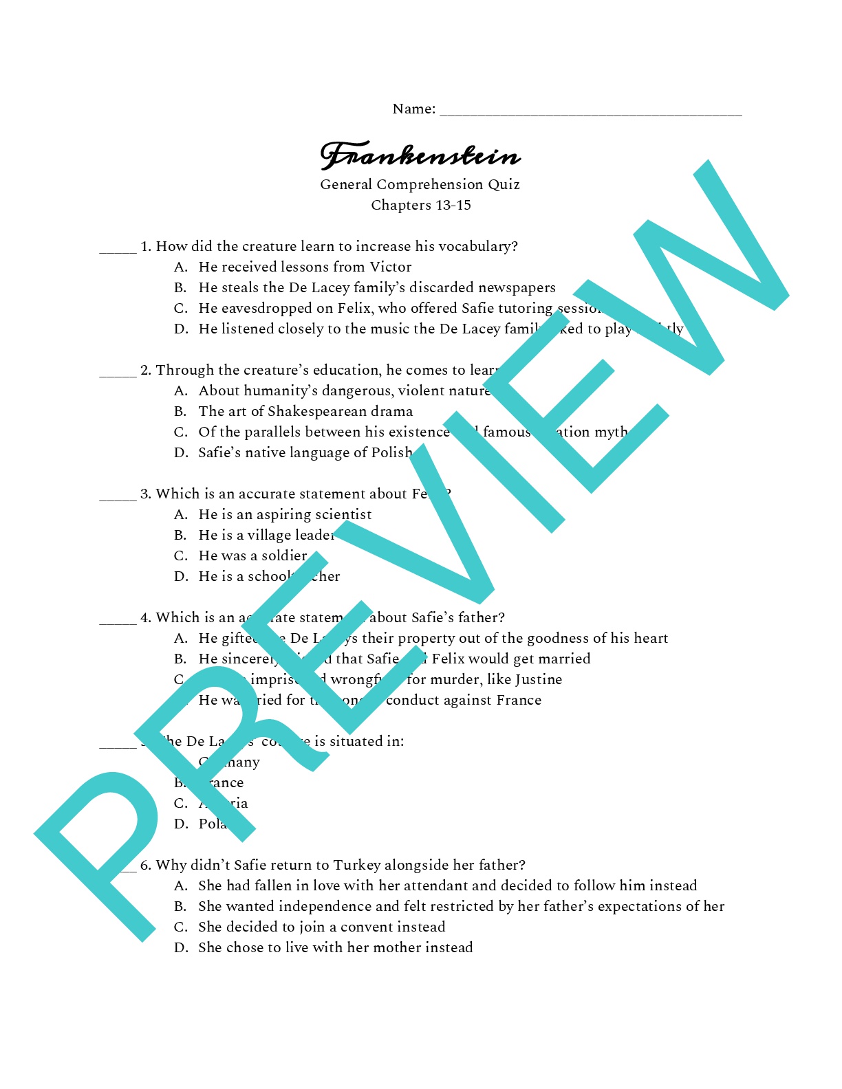 Frankenstein Quiz on Chapters 1315 Teaching Resources