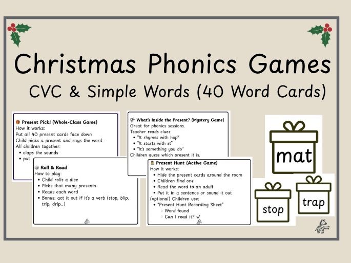 Christmas Phonics Games – CVC & Simple Words (40 Word Cards)