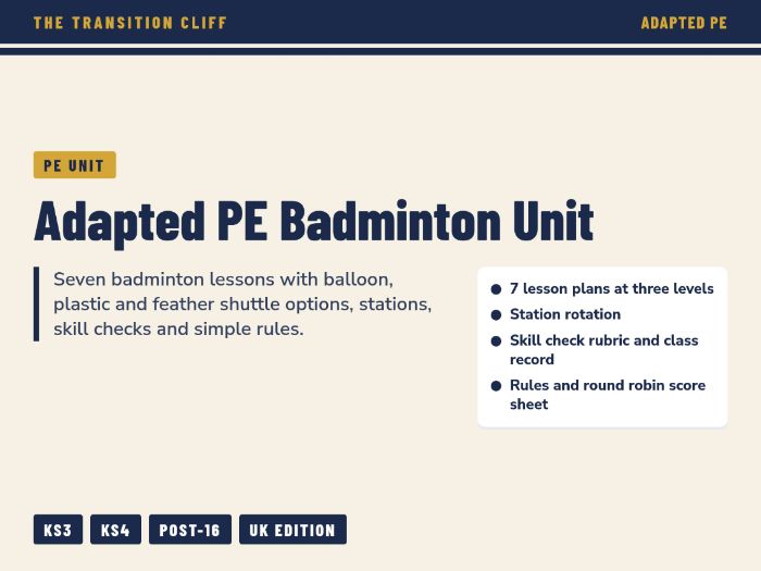Adapted PE Badminton Unit: 7 Lessons at Three Levels with Stations, Skill Checks and Rules