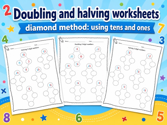Doubling and halving worksheets - diamond place value tens and ones Y3 Y2 Maths Number
