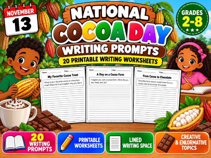 National Cocoa Day Writing Prompts | 20 Printable Writing Worksheets