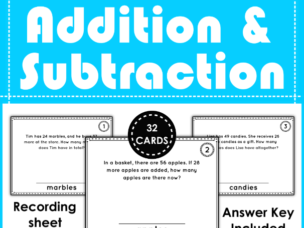 2-Digit Addition & Subtraction with Regrouping | Word Problem Task Cards | KS1-KS2 Maths