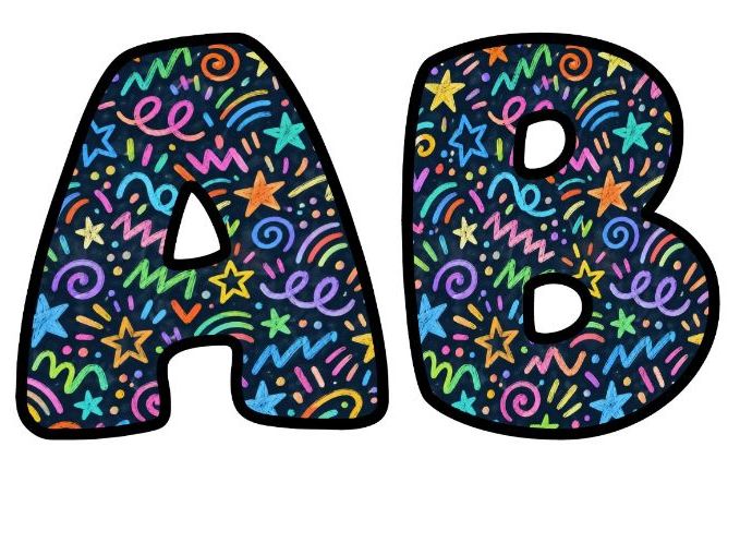 Neon Doodles Dark Bubble Letters | Art and Music Bulletin Board Letters | Classroom Display Pack