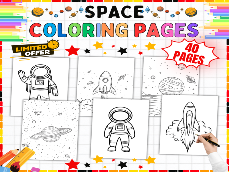 Space Colouring Pages | 40 Astronaut Rocket Planet Sheets - Solar System Activities for Kids