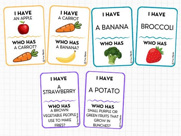 I Have Who Has Fruits and Vegetables Vocabulary Game | ESL Speaking and Listening Activity | Healthy