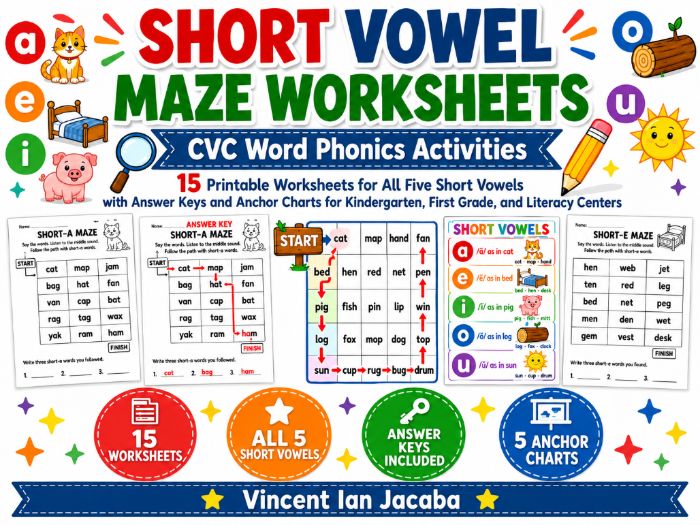 Short Vowel Maze Worksheets | CVC Word Phonics Activities
