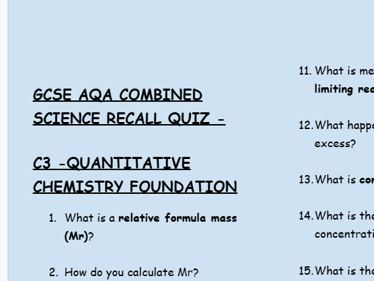 GCSE Chemistry C3 Quantitative Chemistry – 30 Foundation Retrieval Questions | AQA