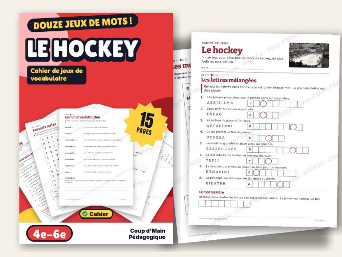 French Hockey Vocabulary Puzzles Grade 4-6 Word Games | Le hockey