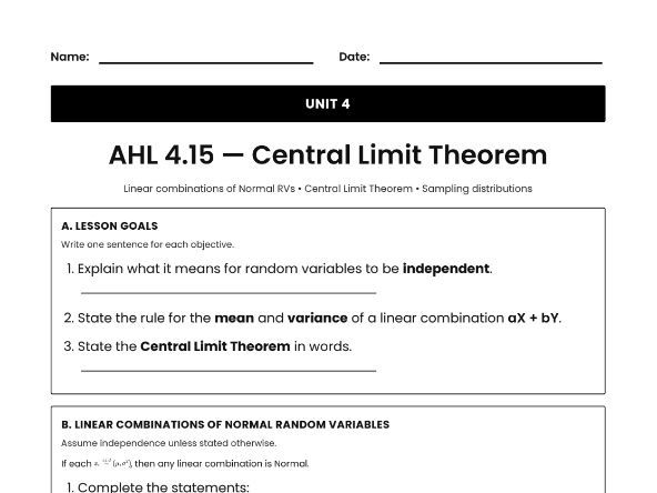 IB Math AI Worksheet AHL 4.15 - Central Limit Theorem