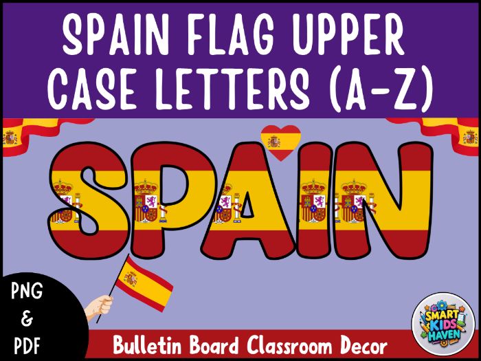 Spain Flag Letters Uppercase Alphabet A-Z Bulletin Board Classroom Decor.