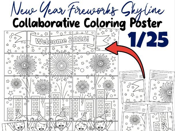 New Year Fireworks Skyline Collaborative Poster | Welcome 2025 January Activity