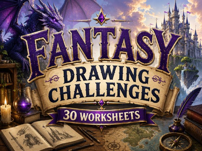 Fantasy Drawing Challenges | 30 Fantasy Art Worksheets | KS3 Art Cover Lessons | Dragons, Castles &