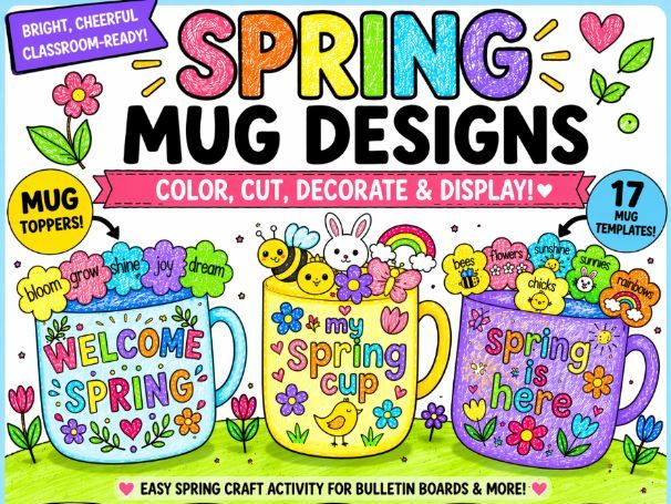Spring Mug Craft | Color Cut and Decorate Activity | Spring Bulletin Board Display