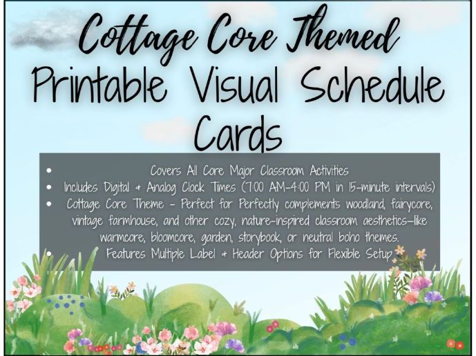 Cottagecore-Style Daily Visual Schedule Cards - Printable PDF with Clock Times