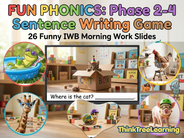26 Funny Phonics Morning Work Slides (Phase 2–4 Sentence Writing Game)
