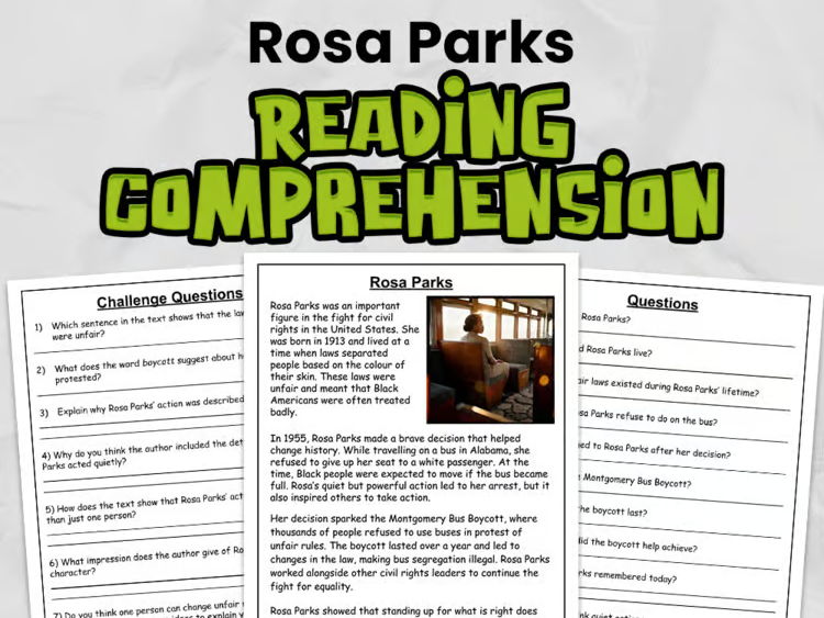 Rosa Parks Reading Comprehension for KS2 or Gr 3 - 5 | Black History Month