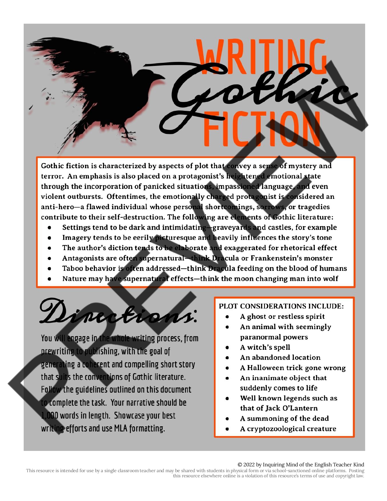 Creative Writing Gothic Horror Unit Plan & Materials Teaching Resources