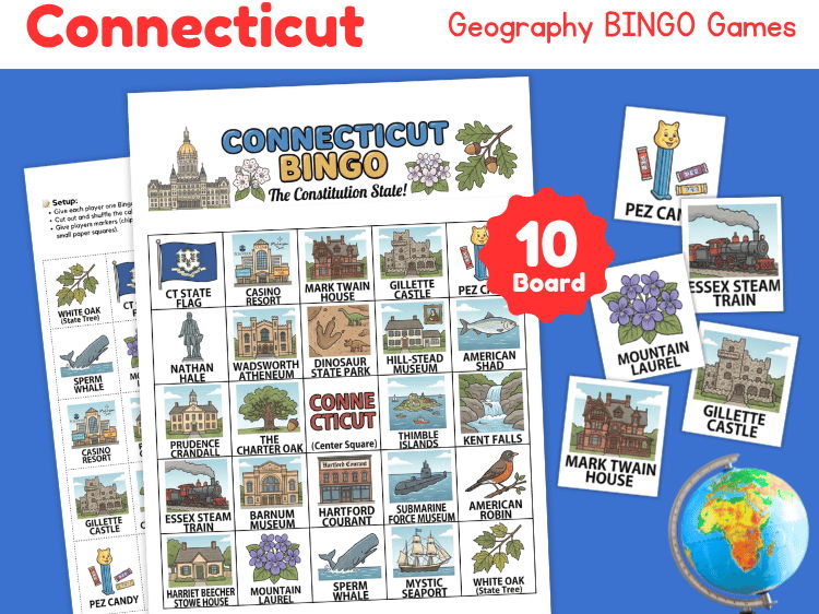 Connecticut Geography Bingo | 10 Printable State Study Games