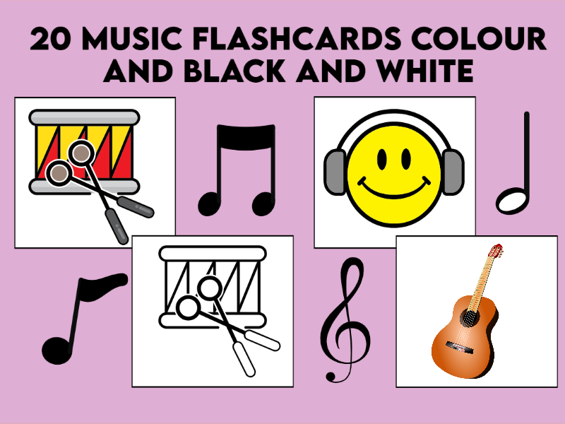 20 Music Flashcards Colour and Black and White Teaching Resources