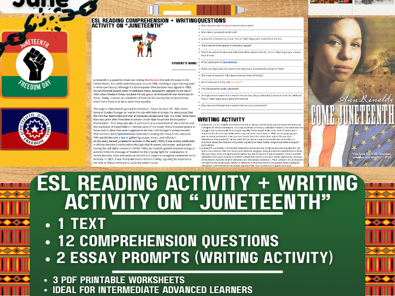 ESL Reading Comprehension + Writing Activity Worksheets on "Juneteenth"