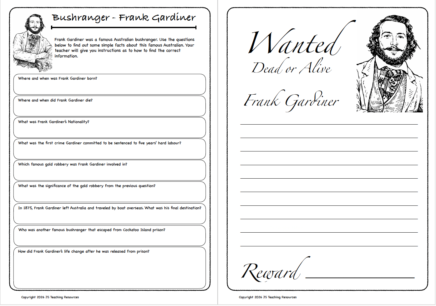 Bush Ranger Worksheets Frank Gardiner Bushranger (Years 5–6) The Australian Colonies Stage 3 ...