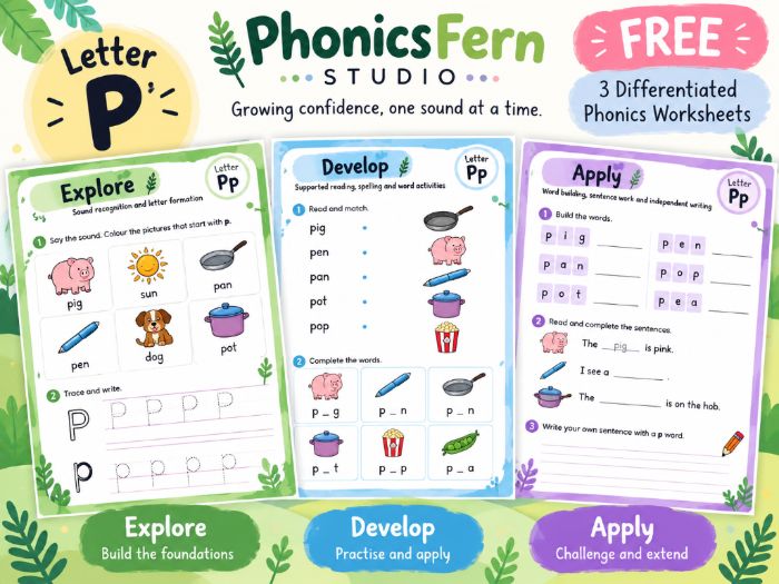 Free Letter P Phonics Worksheets | 3 Levels