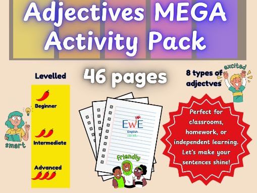 Adjectives MEGA Activity Pack-46 pages Mastery Pack: Worksheets, Challenges, Rules, Games + MORE